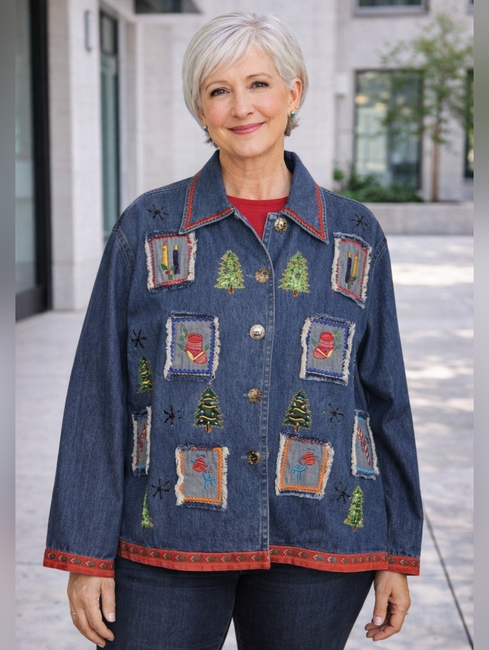 New Direction Jean Jacket with Christmas Patches – Women's Size L